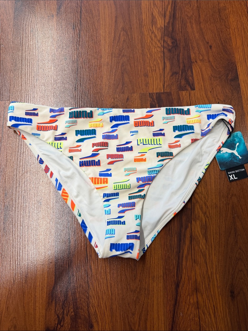 Puma White Bikini Bottom with Multicolor Logo Print